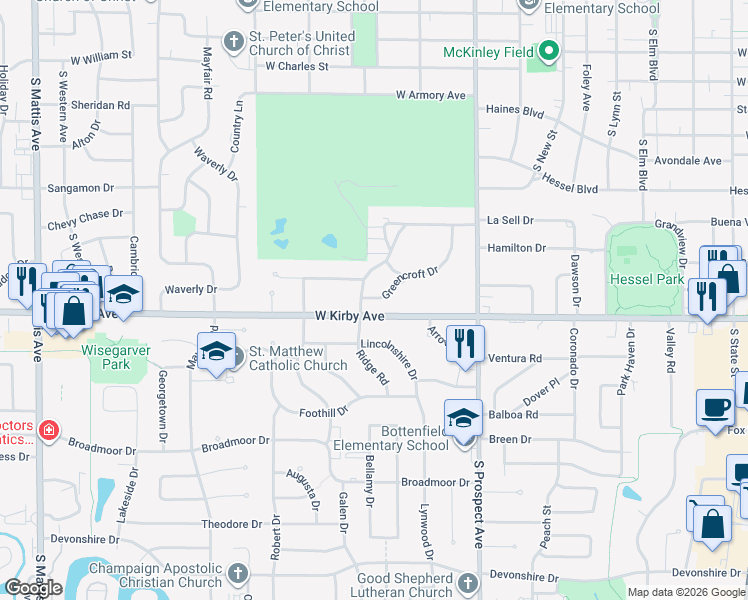 map of restaurants, bars, coffee shops, grocery stores, and more near 1007 County Road 1500 North in Champaign
