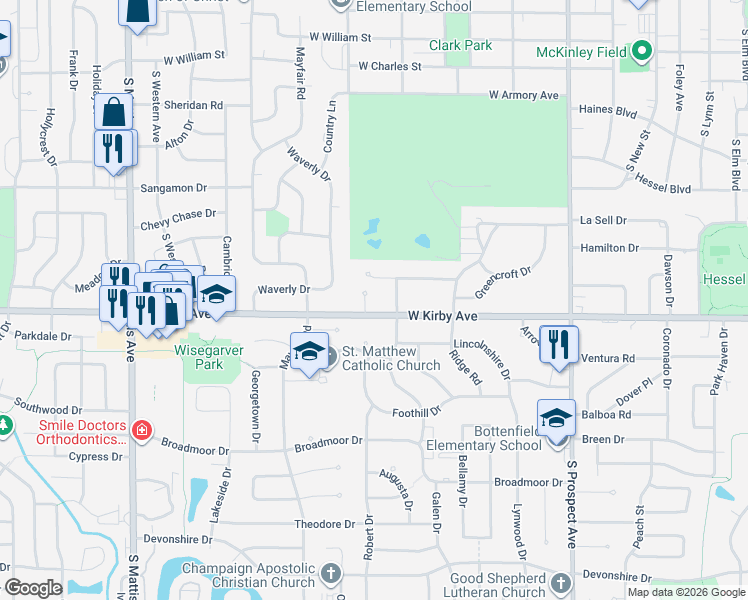 map of restaurants, bars, coffee shops, grocery stores, and more near in Champaign