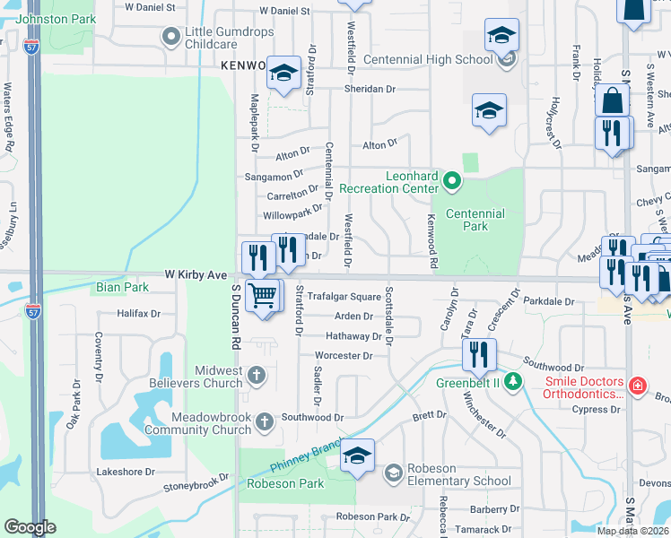 map of restaurants, bars, coffee shops, grocery stores, and more near 2516 Trafalgar Square in Champaign