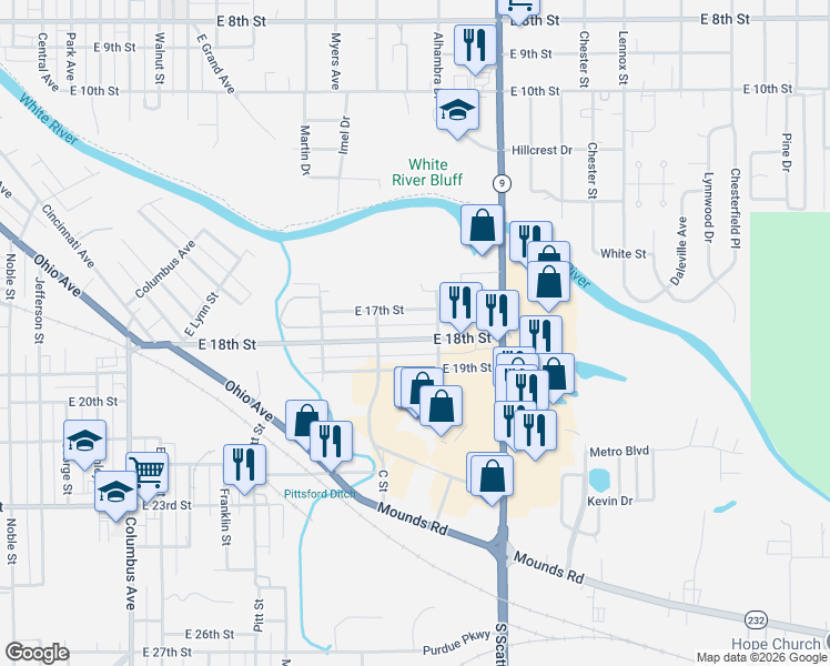 map of restaurants, bars, coffee shops, grocery stores, and more near 1716 East 19th Street in Anderson