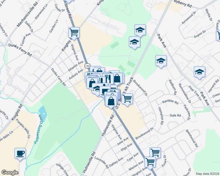 map of restaurants, bars, coffee shops, grocery stores, and more near 1967 Street Road in Bensalem