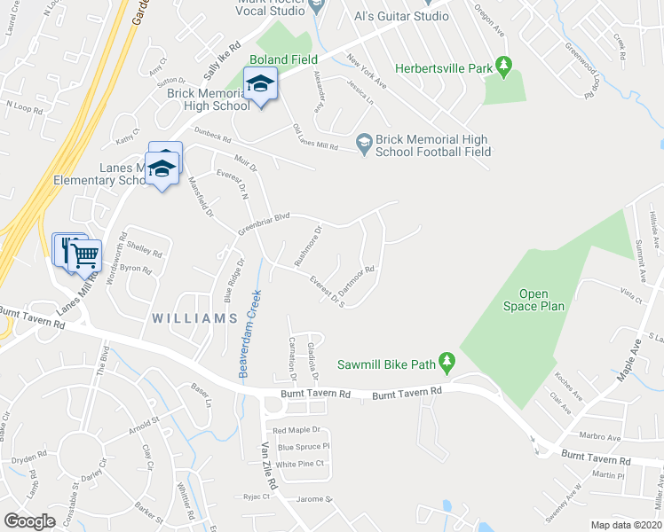 map of restaurants, bars, coffee shops, grocery stores, and more near 9 Brenner Court in Brick