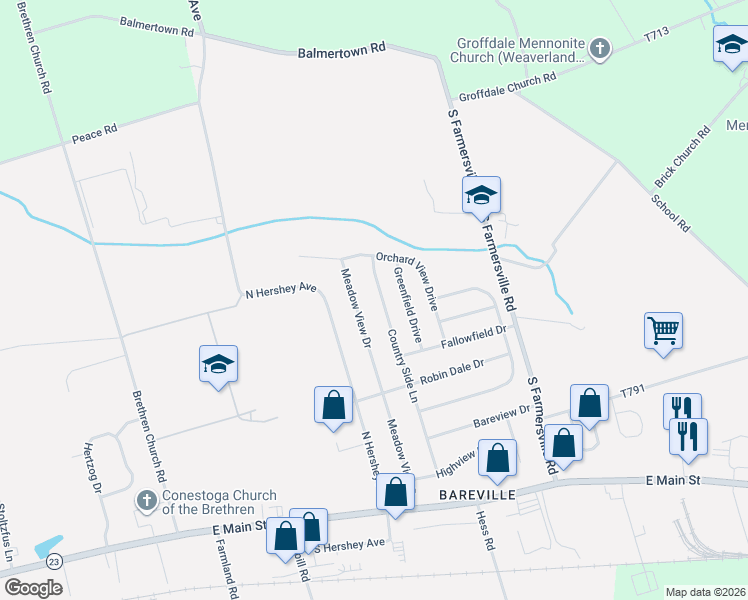 map of restaurants, bars, coffee shops, grocery stores, and more near 85 Country Side Lane in Leacock-Leola-Bareville