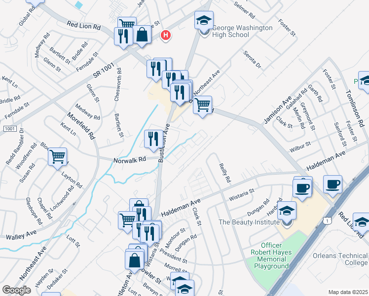 map of restaurants, bars, coffee shops, grocery stores, and more near 9921 Bustleton Avenue in Philadelphia