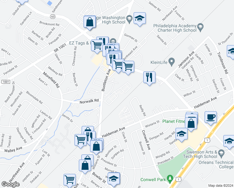 map of restaurants, bars, coffee shops, grocery stores, and more near 9921 Bustleton Avenue in Philadelphia