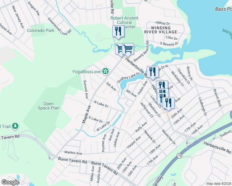 map of restaurants, bars, coffee shops, grocery stores, and more near 370 Boland Avenue in Brick Township