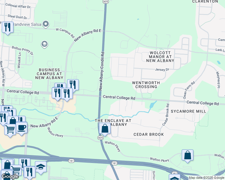 map of restaurants, bars, coffee shops, grocery stores, and more near 6696 Central College Road in New Albany