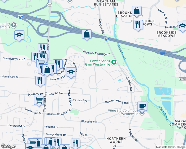 map of restaurants, bars, coffee shops, grocery stores, and more near 6321 Misty Cove Lane in Columbus