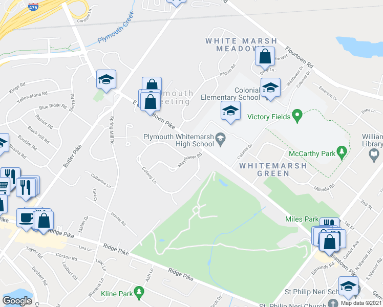 map of restaurants, bars, coffee shops, grocery stores, and more near 3188 Mayflower Road in Plymouth Meeting