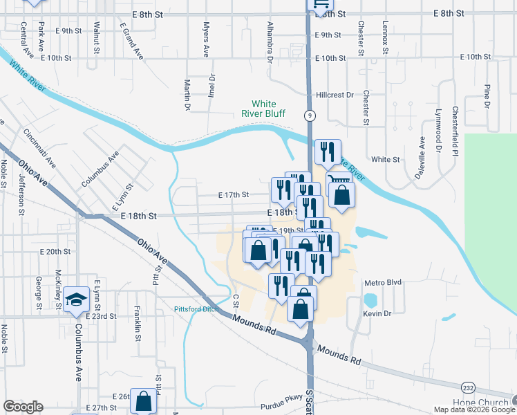map of restaurants, bars, coffee shops, grocery stores, and more near 1730 East 17th Street in Anderson