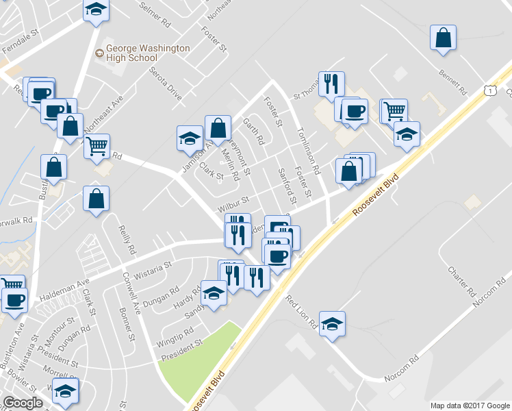 map of restaurants, bars, coffee shops, grocery stores, and more near 1948 Greymont Street in Philadelphia