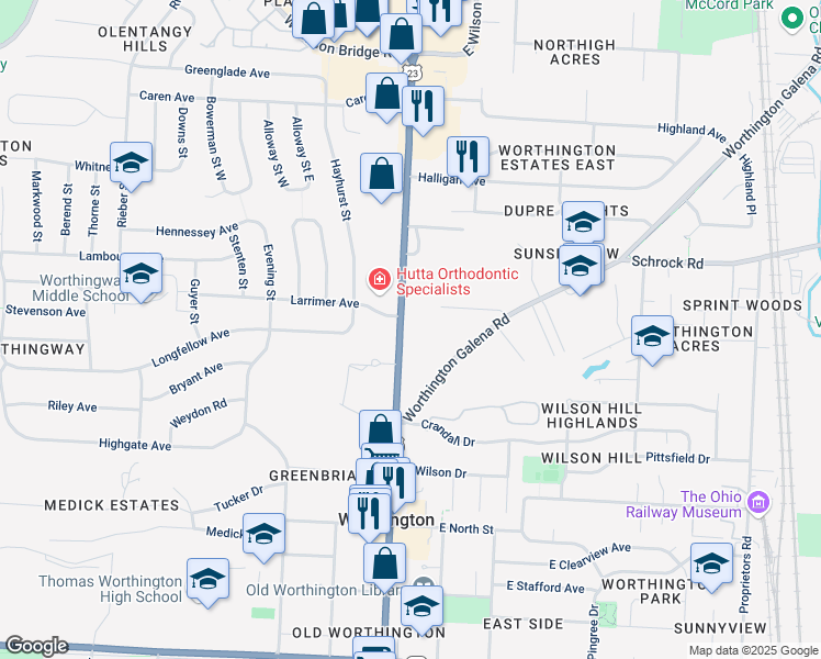 map of restaurants, bars, coffee shops, grocery stores, and more near in Worthington