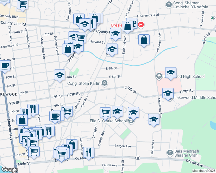 map of restaurants, bars, coffee shops, grocery stores, and more near 735 Nowlan Place in Lakewood