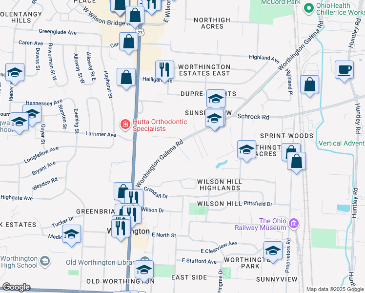 map of restaurants, bars, coffee shops, grocery stores, and more near 6633 Worthington Galena Road in Worthington