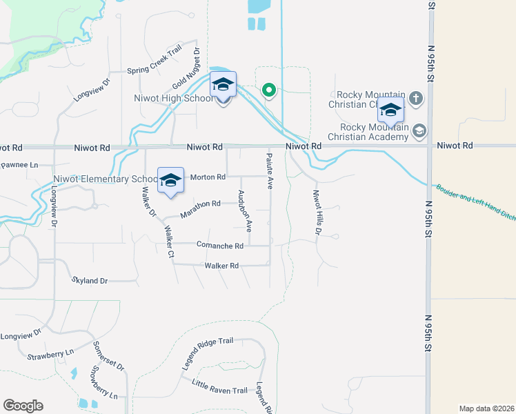 map of restaurants, bars, coffee shops, grocery stores, and more near 6897 Paiute Avenue in Niwot
