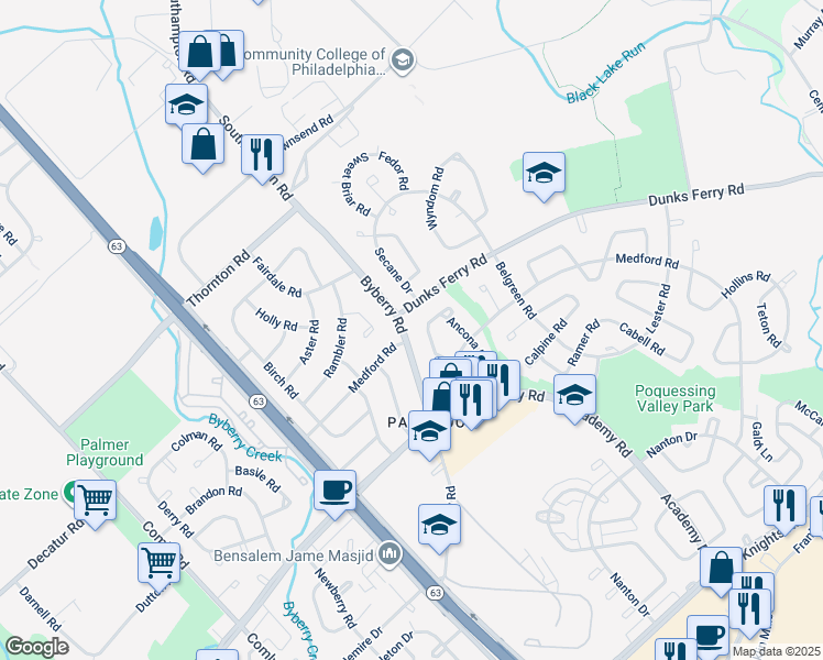 map of restaurants, bars, coffee shops, grocery stores, and more near 3215 Byberry Road in Philadelphia
