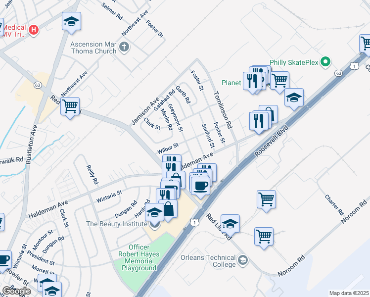 map of restaurants, bars, coffee shops, grocery stores, and more near 1948 Greymont Street in Philadelphia