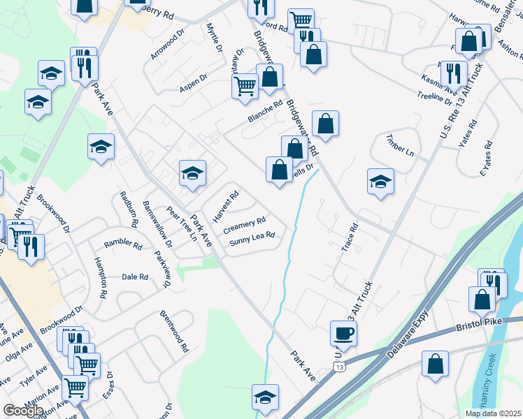 map of restaurants, bars, coffee shops, grocery stores, and more near 3643 Valley Meadow Drive in Bucks County