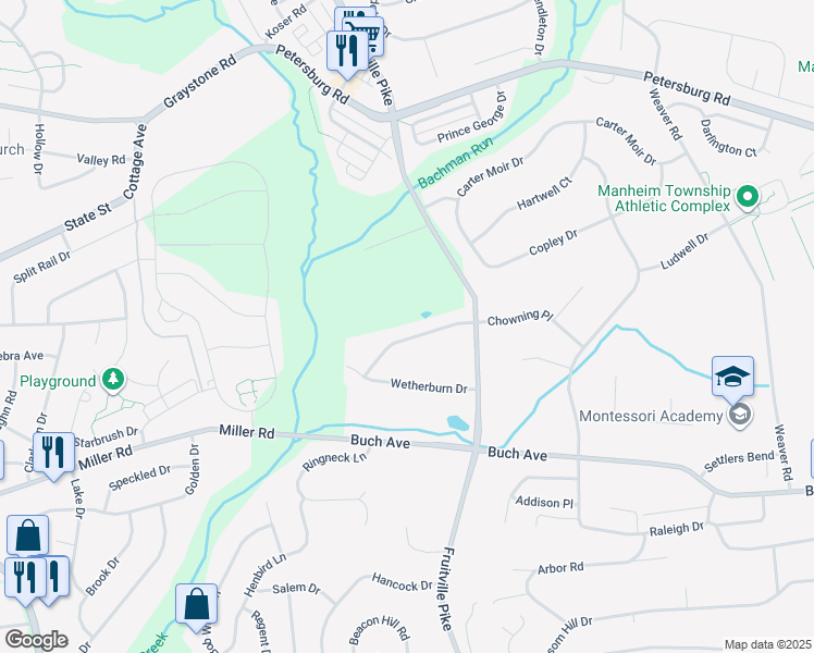 map of restaurants, bars, coffee shops, grocery stores, and more near 2544 Fruitville Pike in Lancaster
