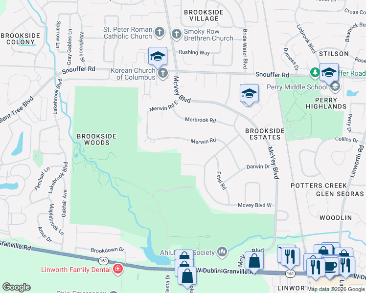 map of restaurants, bars, coffee shops, grocery stores, and more near 6660 Merwin Road in Columbus