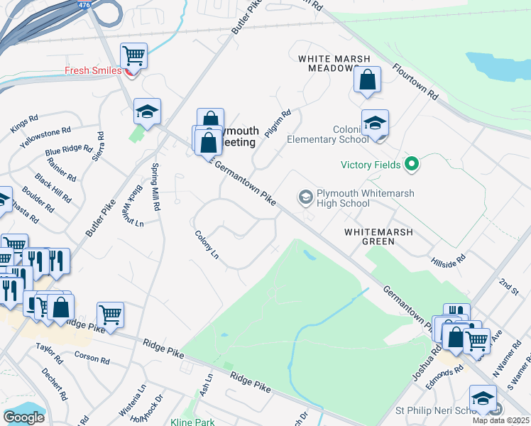 map of restaurants, bars, coffee shops, grocery stores, and more near 3188 Mayflower Road in Plymouth Meeting