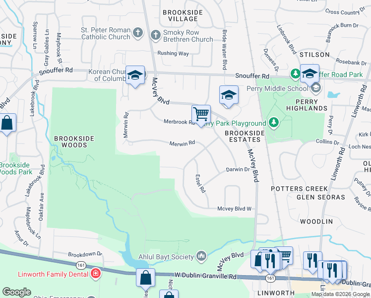 map of restaurants, bars, coffee shops, grocery stores, and more near 6634 Merwin Road in Columbus