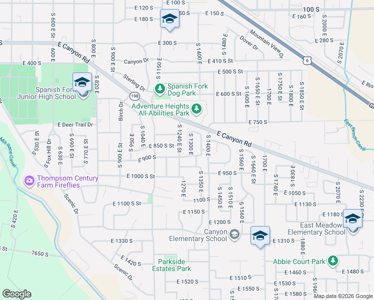 map of restaurants, bars, coffee shops, grocery stores, and more near 858 South 1300 East in Spanish Fork