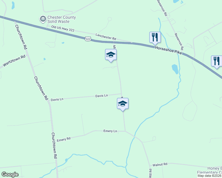 map of restaurants, bars, coffee shops, grocery stores, and more near 175 Mill Road in Narvon