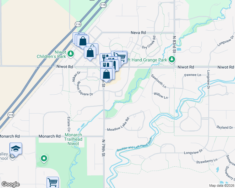 map of restaurants, bars, coffee shops, grocery stores, and more near 7960 Niwot Road in Longmont