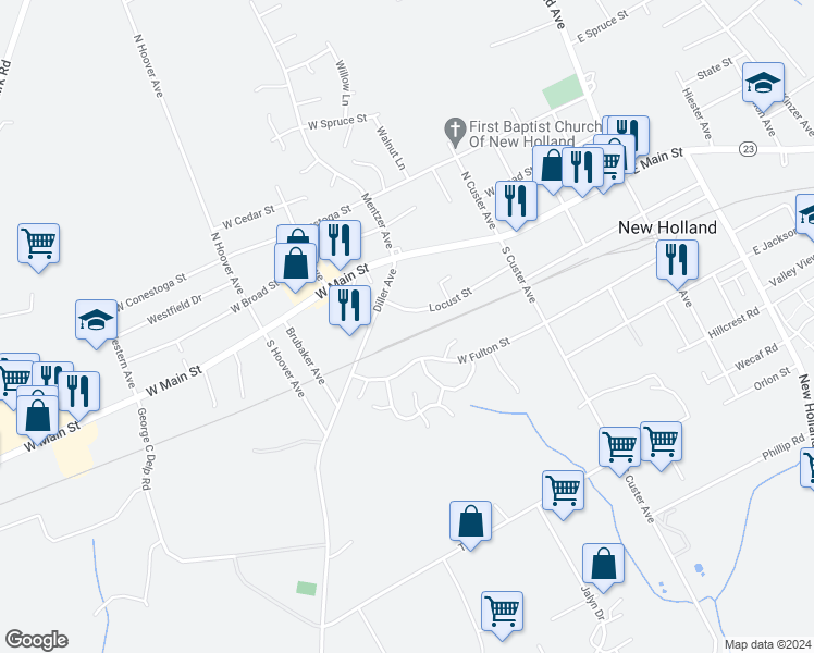 map of restaurants, bars, coffee shops, grocery stores, and more near 270 Locust Street in New Holland