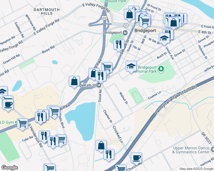 map of restaurants, bars, coffee shops, grocery stores, and more near 1179 Bush Street in King of Prussia