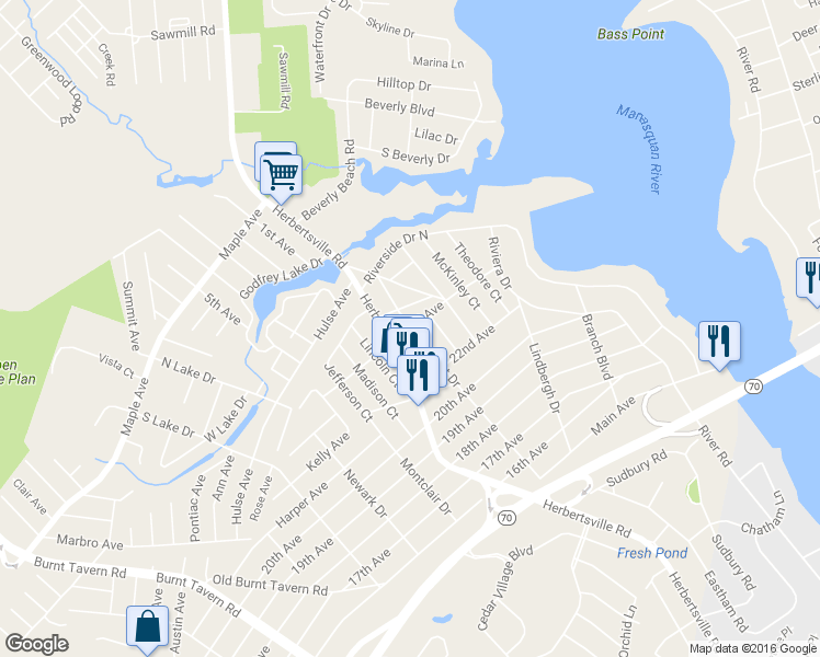 map of restaurants, bars, coffee shops, grocery stores, and more near 280 23rd Avenue in Brick