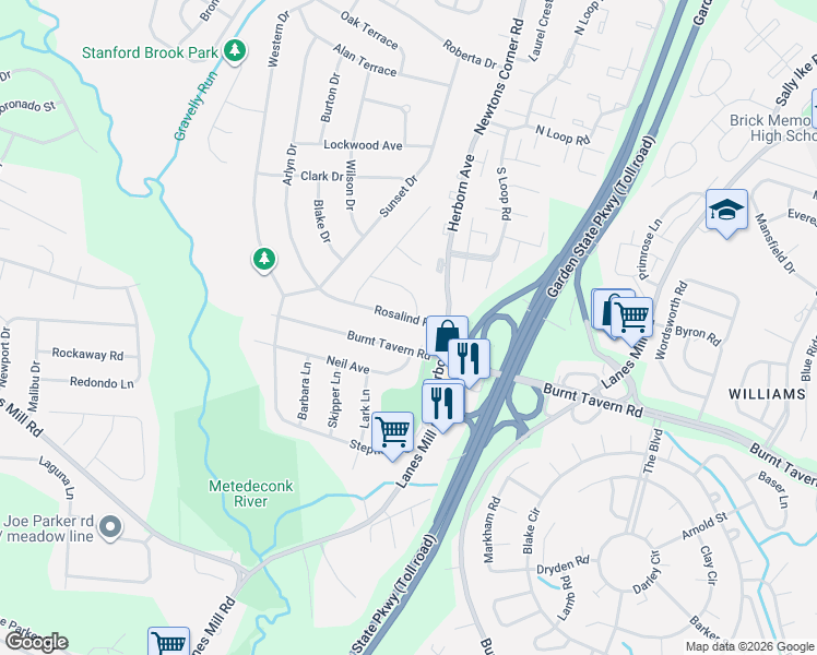 map of restaurants, bars, coffee shops, grocery stores, and more near 10 Jeffery Lane in Brick Township
