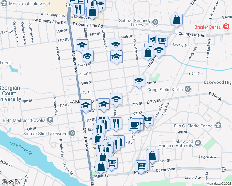 map of restaurants, bars, coffee shops, grocery stores, and more near 117 9th Street in Lakewood