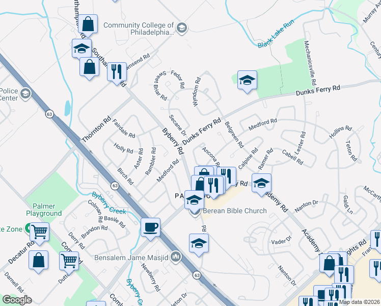 map of restaurants, bars, coffee shops, grocery stores, and more near 12305 Dunks Ferry Road in Philadelphia