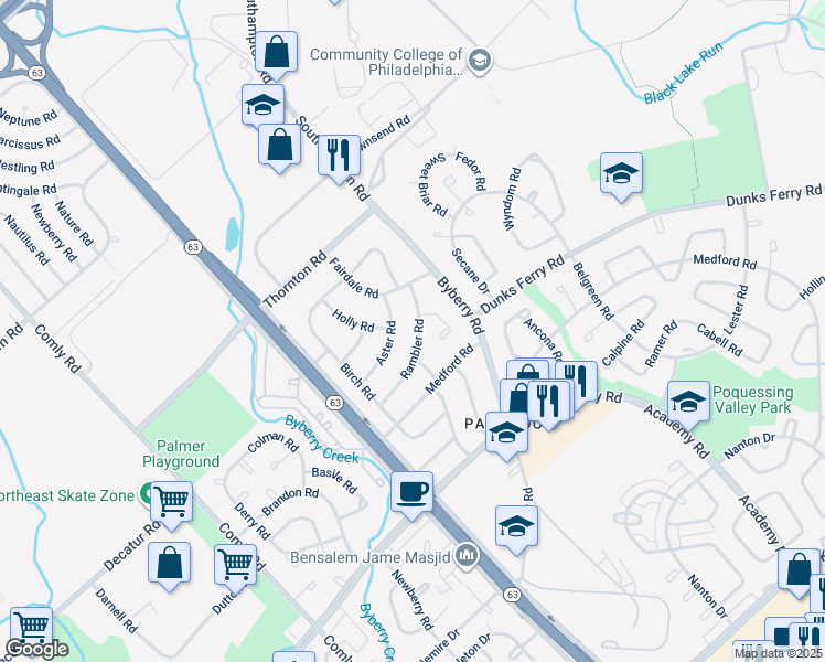 map of restaurants, bars, coffee shops, grocery stores, and more near 12222 Rambler Road in Philadelphia