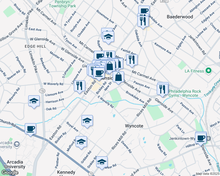 map of restaurants, bars, coffee shops, grocery stores, and more near in Glenside