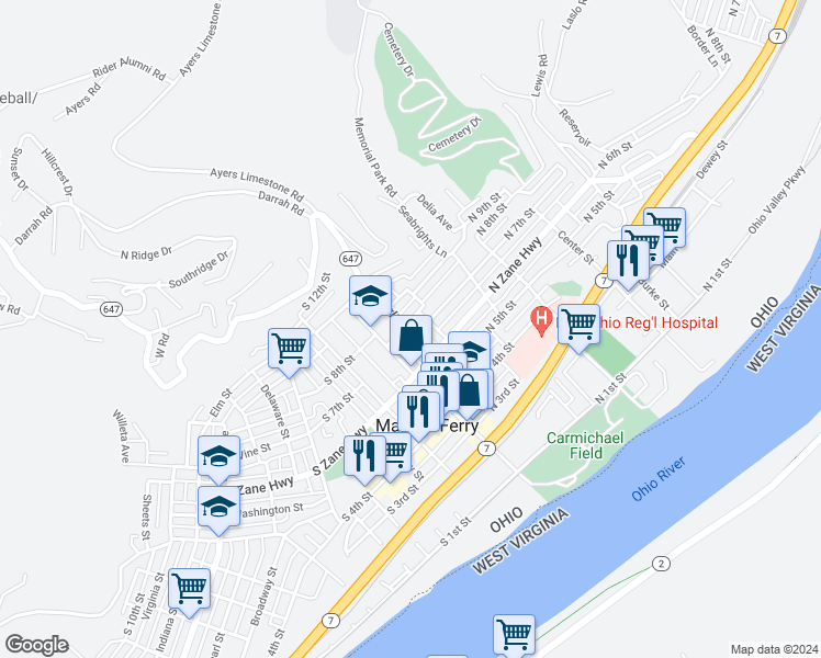 map of restaurants, bars, coffee shops, grocery stores, and more near 110 North 9th Street in Martins Ferry