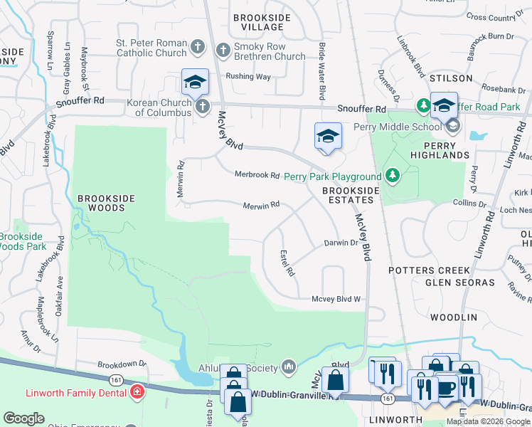 map of restaurants, bars, coffee shops, grocery stores, and more near 6634 Merwin Road in Columbus