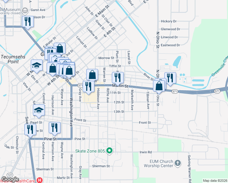 map of restaurants, bars, coffee shops, grocery stores, and more near 518-522 Martin Street in Greenville