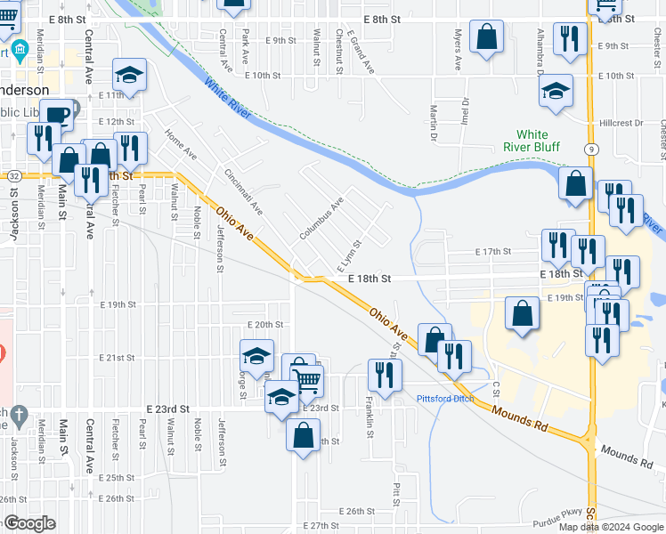 map of restaurants, bars, coffee shops, grocery stores, and more near 1716 Johnson Avenue in Anderson