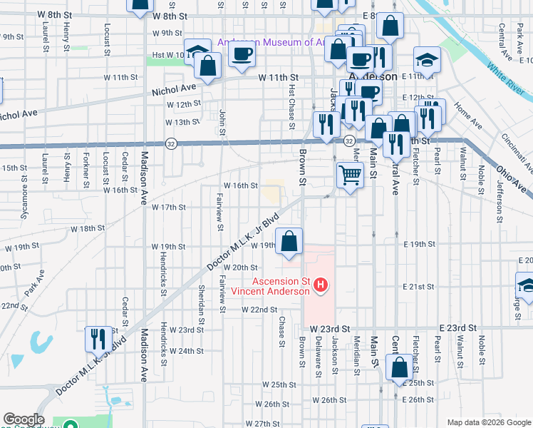 map of restaurants, bars, coffee shops, grocery stores, and more near in Anderson
