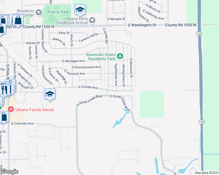 map of restaurants, bars, coffee shops, grocery stores, and more near 1602 South Smith Road in Urbana
