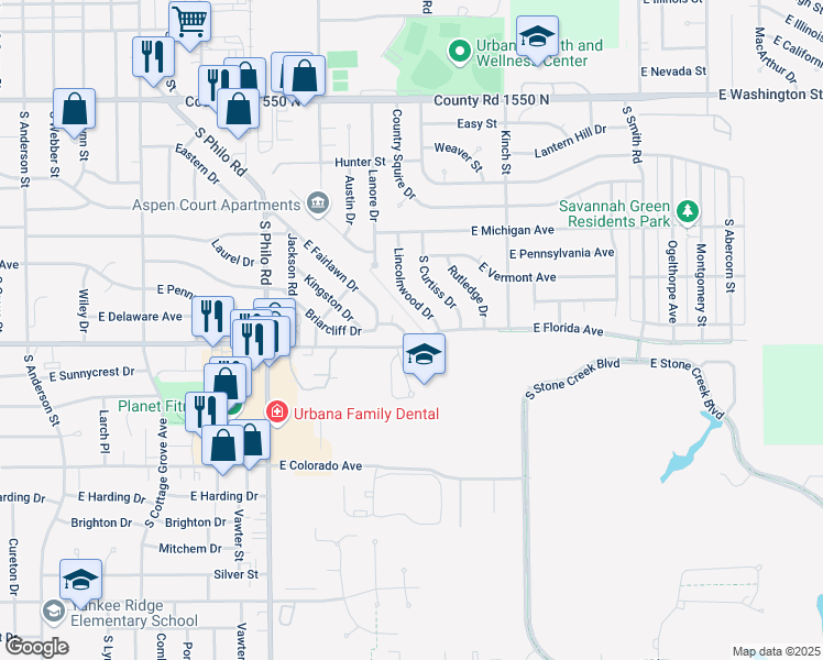 map of restaurants, bars, coffee shops, grocery stores, and more near 1601 Lincolnwood Drive in Urbana