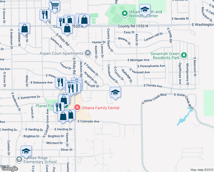 map of restaurants, bars, coffee shops, grocery stores, and more near 1712 East Fairlawn Drive in Urbana