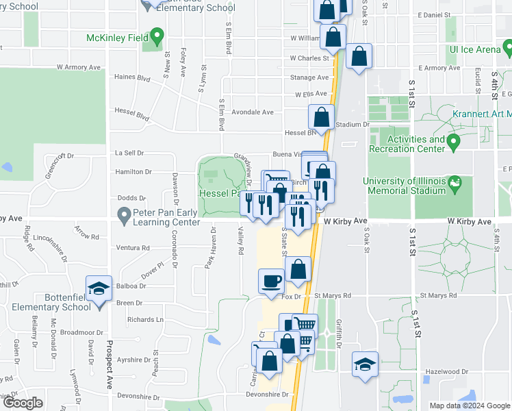map of restaurants, bars, coffee shops, grocery stores, and more near 314 Cedar Street in Champaign