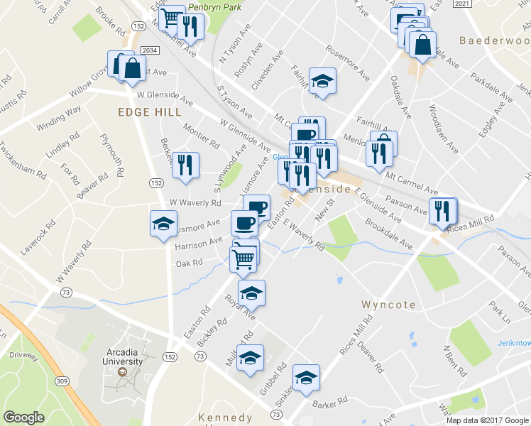 map of restaurants, bars, coffee shops, grocery stores, and more near 20 West Waverly Road in Glenside