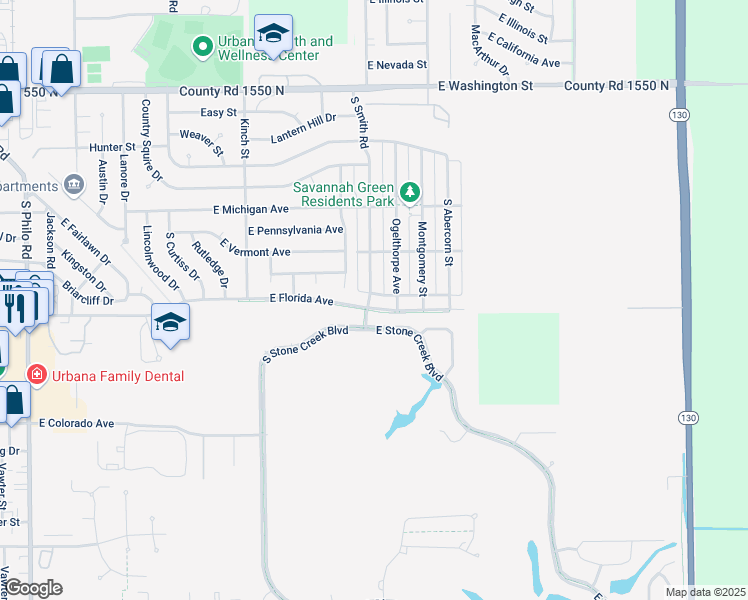 map of restaurants, bars, coffee shops, grocery stores, and more near 1602 South Smith Road in Urbana