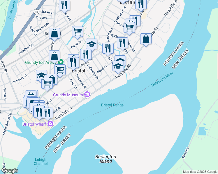 map of restaurants, bars, coffee shops, grocery stores, and more near 916 Radcliffe Street in Bristol