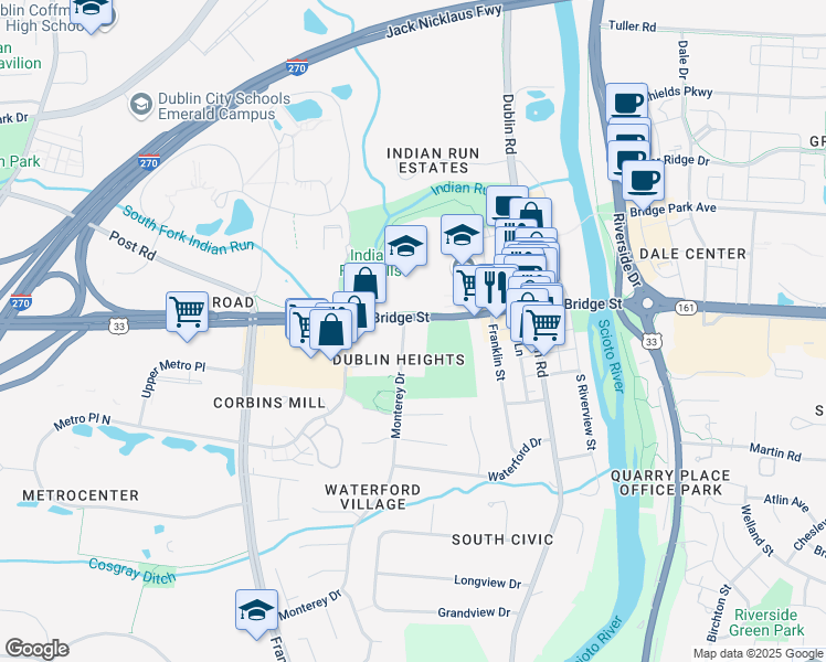 map of restaurants, bars, coffee shops, grocery stores, and more near 185-189 West Bridge Street in Dublin